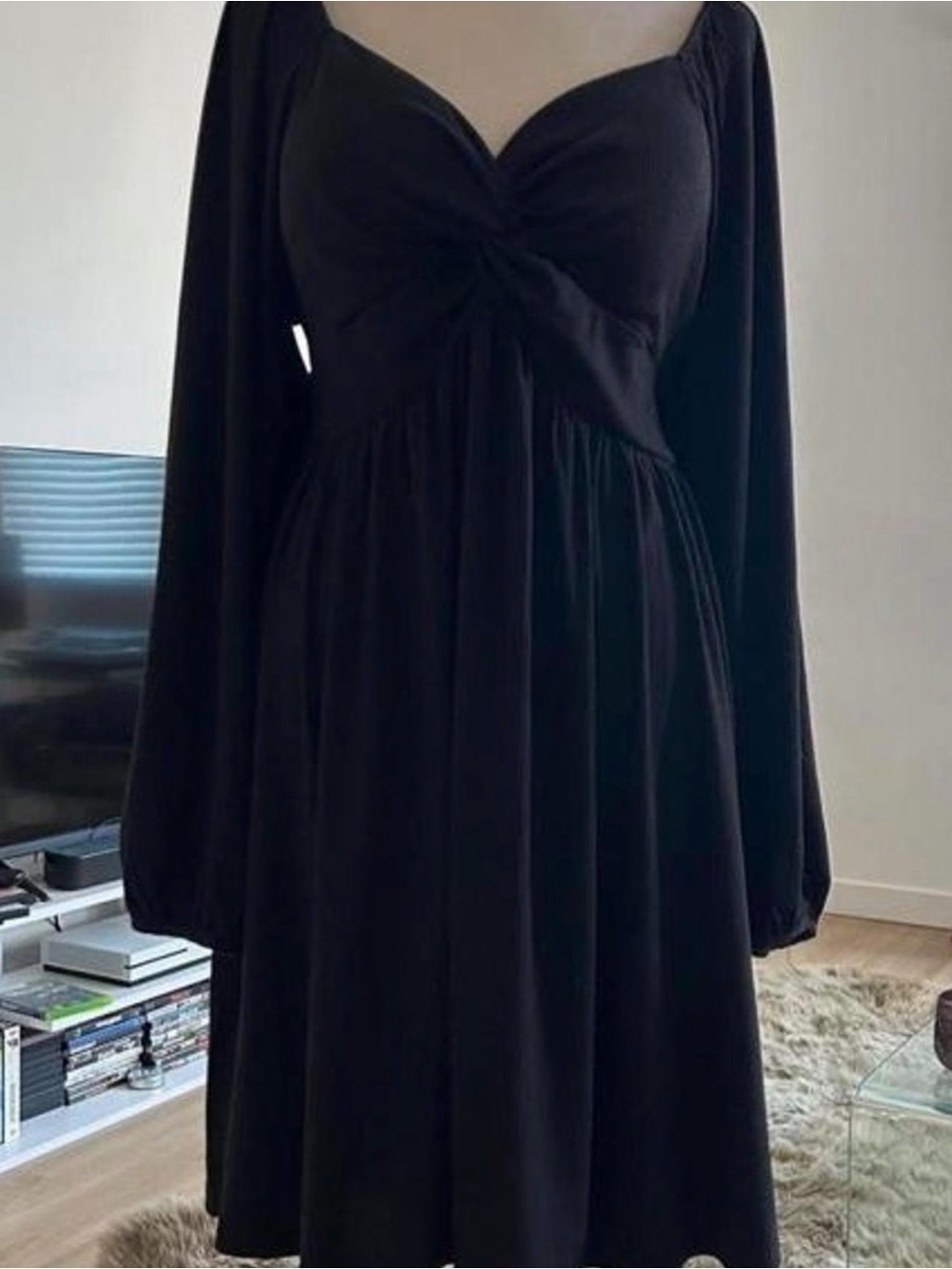 Long-Sleeve Black Twist-Front Midi Dress